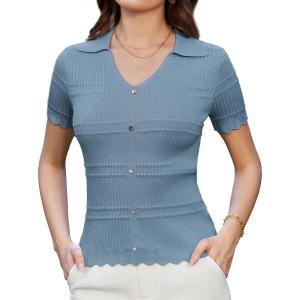 imageGRACE KARIN Women Short Sleeve Sweater V Neck Knit Polo Sweater Pullover 2025 Summer Ribbed Sweater Top ShirtsGrey Blue