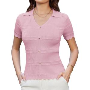 imageGRACE KARIN Women Short Sleeve Sweater V Neck Knit Polo Sweater Pullover 2025 Summer Ribbed Sweater Top ShirtsPink