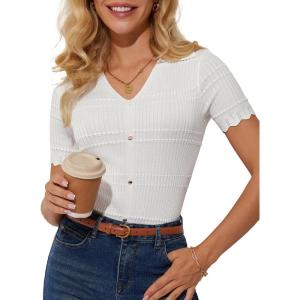 imageGRACE KARIN Women Short Sleeve Sweater V Neck Knit Polo Sweater Pullover 2025 Summer Ribbed Sweater Top ShirtsWhite
