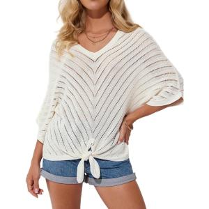 imageGRACE KARIN Women Summer Casual 34 Batwing Sleeve Pullover Sweater V Neck Loose HollowedOut Tie Front Knit BlousesApricot