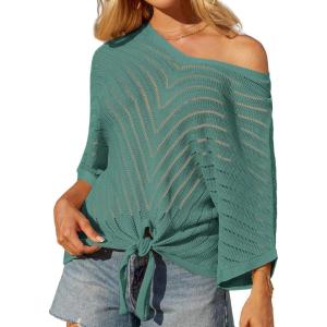 imageGRACE KARIN Women Summer Casual 34 Batwing Sleeve Pullover Sweater V Neck Loose HollowedOut Tie Front Knit BlousesGreen