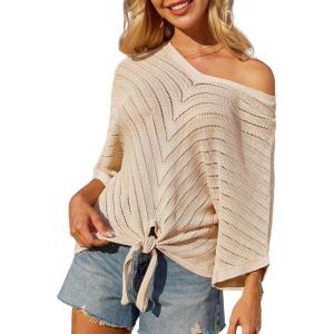 imageGRACE KARIN Women Summer Casual 34 Batwing Sleeve Pullover Sweater V Neck Loose HollowedOut Tie Front Knit BlousesLight Khaki