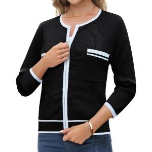 imageGRACE KARIN Womens 2024 Contrast Color Block Cardigan 34 Sleeve Cropped Sweaters Trendy Zip Up Knit Shrug with PocketBlack