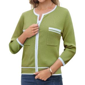 imageGRACE KARIN Womens 2024 Contrast Color Block Cardigan 34 Sleeve Cropped Sweaters Trendy Zip Up Knit Shrug with PocketGreen