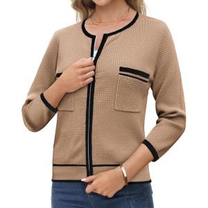 imageGRACE KARIN Womens 2024 Contrast Color Block Cardigan 34 Sleeve Cropped Sweaters Trendy Zip Up Knit Shrug with PocketKhaki