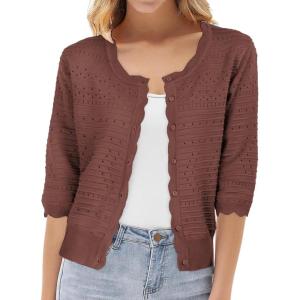 imageGRACE KARIN Womens 34 Sleeve Crochet Cardigan Light Weight Open Front Hollow Out Cropped Cardigan ShrugsGray Pink