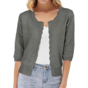 imageGRACE KARIN Womens 34 Sleeve Crochet Cardigan Light Weight Open Front Hollow Out Cropped Cardigan ShrugsGrey