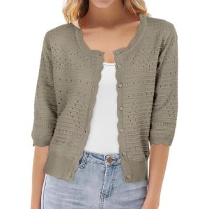 imageGRACE KARIN Womens 34 Sleeve Crochet Cardigan Light Weight Open Front Hollow Out Cropped Cardigan ShrugsKhaki
