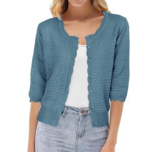 imageGRACE KARIN Womens 34 Sleeve Crochet Cardigan Light Weight Open Front Hollow Out Cropped Cardigan ShrugsLight Blue