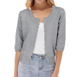 imageGRACE KARIN Womens 34 Sleeve Crochet Cardigan Light Weight Open Front Hollow Out Cropped Cardigan ShrugsLight Gray