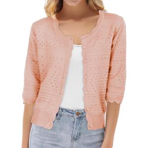 imageGRACE KARIN Womens 34 Sleeve Crochet Cardigan Light Weight Open Front Hollow Out Cropped Cardigan ShrugsLight Pink