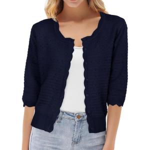 imageGRACE KARIN Womens 34 Sleeve Crochet Cardigan Light Weight Open Front Hollow Out Cropped Cardigan ShrugsNavy Blue