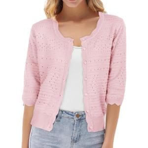 imageGRACE KARIN Womens 34 Sleeve Crochet Cardigan Light Weight Open Front Hollow Out Cropped Cardigan ShrugsPink