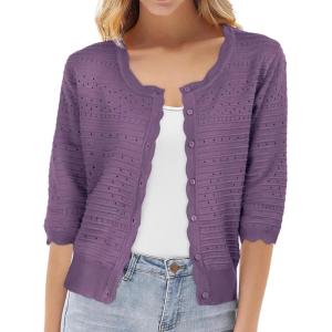 imageGRACE KARIN Womens 34 Sleeve Crochet Cardigan Light Weight Open Front Hollow Out Cropped Cardigan ShrugsPurple