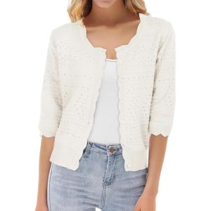 imageGRACE KARIN Womens 34 Sleeve Crochet Cardigan Light Weight Open Front Hollow Out Cropped Cardigan ShrugsWhite