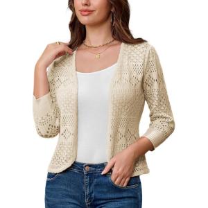 imageGRACE KARIN Womens 34 Sleeve Open Front Cropped Cardigan Summer Lightweight Hollow Out Knit ShrugApricot