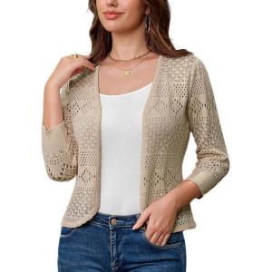 imageGRACE KARIN Womens 34 Sleeve Open Front Cropped Cardigan Summer Lightweight Hollow Out Knit ShrugDark Apricot