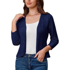 imageGRACE KARIN Womens 34 Sleeve Open Front Cropped Cardigan Summer Lightweight Hollow Out Knit ShrugDark Blue
