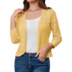 imageGRACE KARIN Womens 34 Sleeve Open Front Cropped Cardigan Summer Lightweight Hollow Out Knit ShrugLight Yellow