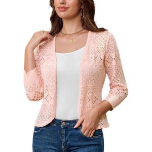 imageGRACE KARIN Womens 34 Sleeve Open Front Cropped Cardigan Summer Lightweight Hollow Out Knit ShrugPink