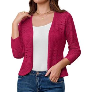 imageGRACE KARIN Womens 34 Sleeve Open Front Cropped Cardigan Summer Lightweight Hollow Out Knit ShrugRose Red