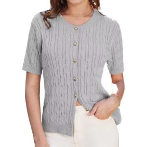 imageGRACE KARIN Womens Short Sleeve Cable Knit Summer Cardigan Sweater Lightweight Button Up Cardigan ShrugsLight Gray