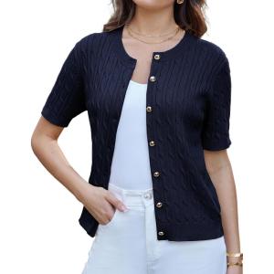 imageGRACE KARIN Womens Short Sleeve Cable Knit Summer Cardigan Sweater Lightweight Button Up Cardigan ShrugsNavy Blue