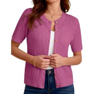 imageGRACE KARIN Womens Short Sleeve Cable Knit Summer Cardigan Sweater Lightweight Button Up Cardigan ShrugsRose Red
