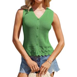 imageGRACE KARIN Womens Spring Summer Sweater Vest 2025 Casual Knit Sleeveless V Neck Button Down Crochet Crop Tank TopsGreen