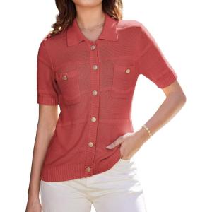 imageGRACE KARIN Womens Summer Cardigan Sweaters Lightweight Short Sleeve Open Front Polo Crochet Cardigan with Two PocketsOrange