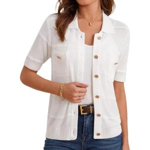 imageGRACE KARIN Womens Summer Cardigan Sweaters Lightweight Short Sleeve Open Front Polo Crochet Cardigan with Two PocketsWhite