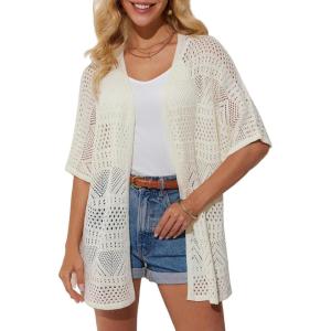 imageGRACE KARIN Womens Summer Short Sleeve Crochet Cardigan Sweaters Lightweight 2025 Oversized Knit Boho Kimono CardigansIvory White