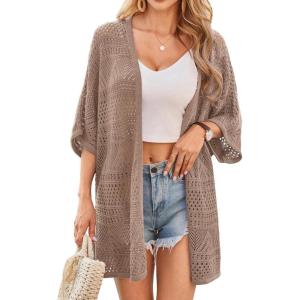 imageGRACE KARIN Womens Summer Short Sleeve Crochet Cardigan Sweaters Lightweight 2025 Oversized Knit Boho Kimono CardigansKhaki