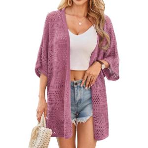 imageGRACE KARIN Womens Summer Short Sleeve Crochet Cardigan Sweaters Lightweight 2025 Oversized Knit Boho Kimono CardigansPink