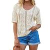 imageGRACE KARIN Women 2025 Summer Casual Crochet Tops Short Sleeve Sweater V Neck Hollow Out Knit Pullover Beach CoverupBeige