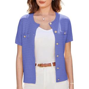 imageGRACE KARIN 2025 Womens Summer Short Sleeve Cardigan Sweaters Open Front Bolero Shrug Crew Neck Button Down Sweater TopBlue Purple