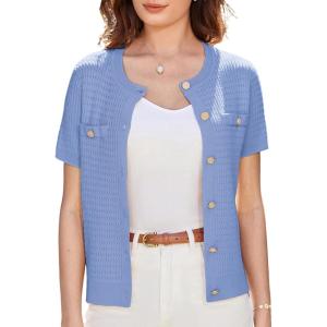 imageGRACE KARIN 2025 Womens Summer Short Sleeve Cardigan Sweaters Open Front Bolero Shrug Crew Neck Button Down Sweater TopLight Blue