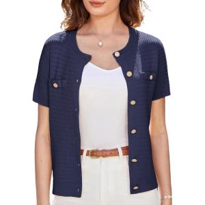 imageGRACE KARIN 2025 Womens Summer Short Sleeve Cardigan Sweaters Open Front Bolero Shrug Crew Neck Button Down Sweater TopNavy Blue