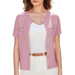 imageGRACE KARIN 2025 Womens Summer Short Sleeve Cardigan Sweaters Open Front Bolero Shrug Crew Neck Button Down Sweater TopPink Purple