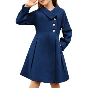 imageGRACE KARIN Girls Dress Coat Kids Wool Lapel Long Button Jackets Fall Winter Outerwear Peacoat with Pockets 512YNavy Blue