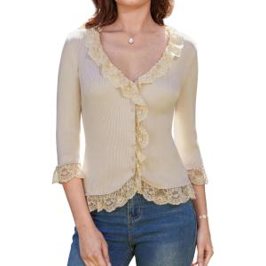 imageGRACE KARIN Lightweight Cardigan Sweaters for Women 2025 34 Sleeve Lace Button Open Front Bolero ShrugApricot