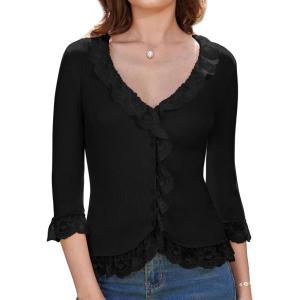imageGRACE KARIN Lightweight Cardigan Sweaters for Women 2025 34 Sleeve Lace Button Open Front Bolero ShrugBlack