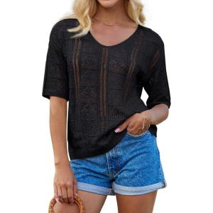imageGRACE KARIN Women 2025 Summer Casual Crochet Tops Short Sleeve Sweater V Neck Hollow Out Knit Pullover Beach CoverupBlack