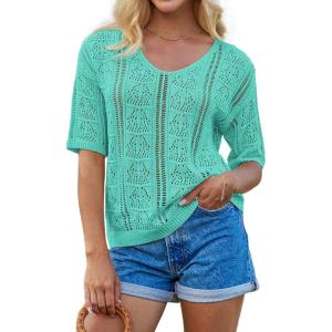 imageGRACE KARIN Women 2025 Summer Casual Crochet Tops Short Sleeve Sweater V Neck Hollow Out Knit Pullover Beach CoverupBlue Green