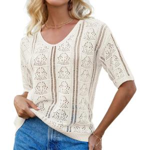 imageGRACE KARIN Women 2025 Summer Casual Crochet Tops Short Sleeve Sweater V Neck Hollow Out Knit Pullover Beach CoverupIvory