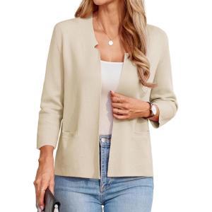 imageGRACE KARIN Women Sweater Blazer 34 Sleeve Cropped Cardigan Lightweight Notch Collar Knit Blazer Jacket Business CasualBeige