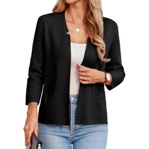 imageGRACE KARIN Women Sweater Blazer 34 Sleeve Cropped Cardigan Lightweight Notch Collar Knit Blazer Jacket Business CasualBlack