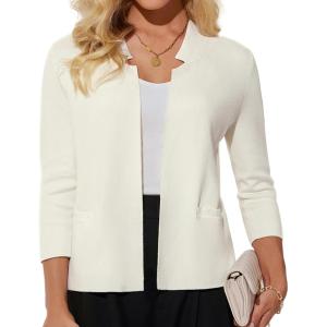 imageGRACE KARIN Women Sweater Blazer 34 Sleeve Cropped Cardigan Lightweight Notch Collar Knit Blazer Jacket Business CasualIvory White