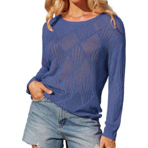 imageGRACE KARIN Womens 2025 Spring Summer Long Sleeve Crochet Pullover Sweater Hollow Out Knit Tops Off Shoulder TShirtsDark Blue