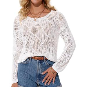 imageGRACE KARIN Womens 2025 Spring Summer Long Sleeve Crochet Pullover Sweater Hollow Out Knit Tops Off Shoulder TShirtsIvory White